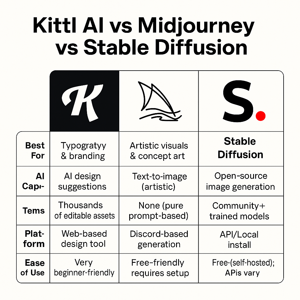 Read more about the article Kittl AI vs Midjourney vs Stable Diffusion: Best AI Design Tool in 2025?