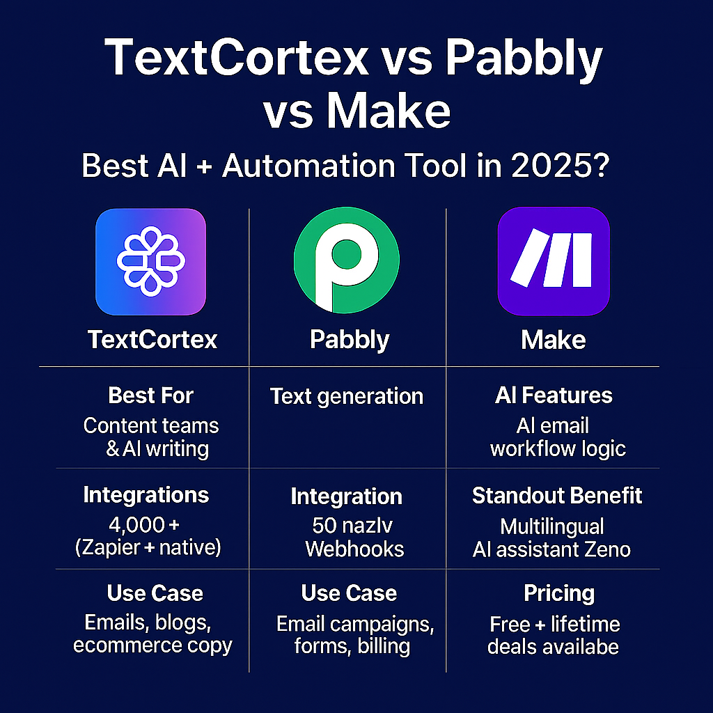 You are currently viewing TextCortex vs Pabbly vs Make: Best AI + Automation Tool in 2025?