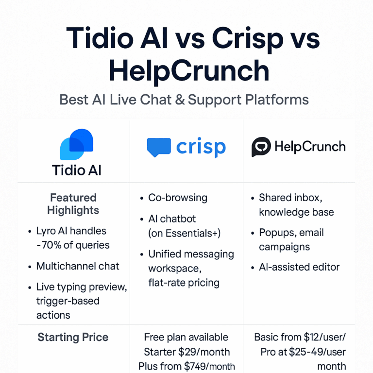Read more about the article Tidio AI vs Crisp vs HelpCrunch: Best AI Live Chat & Support Tool in 2025?